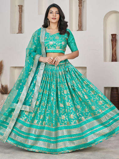 Captivating Sea Green Zari Embroidered Jacquard Lehenga Choli